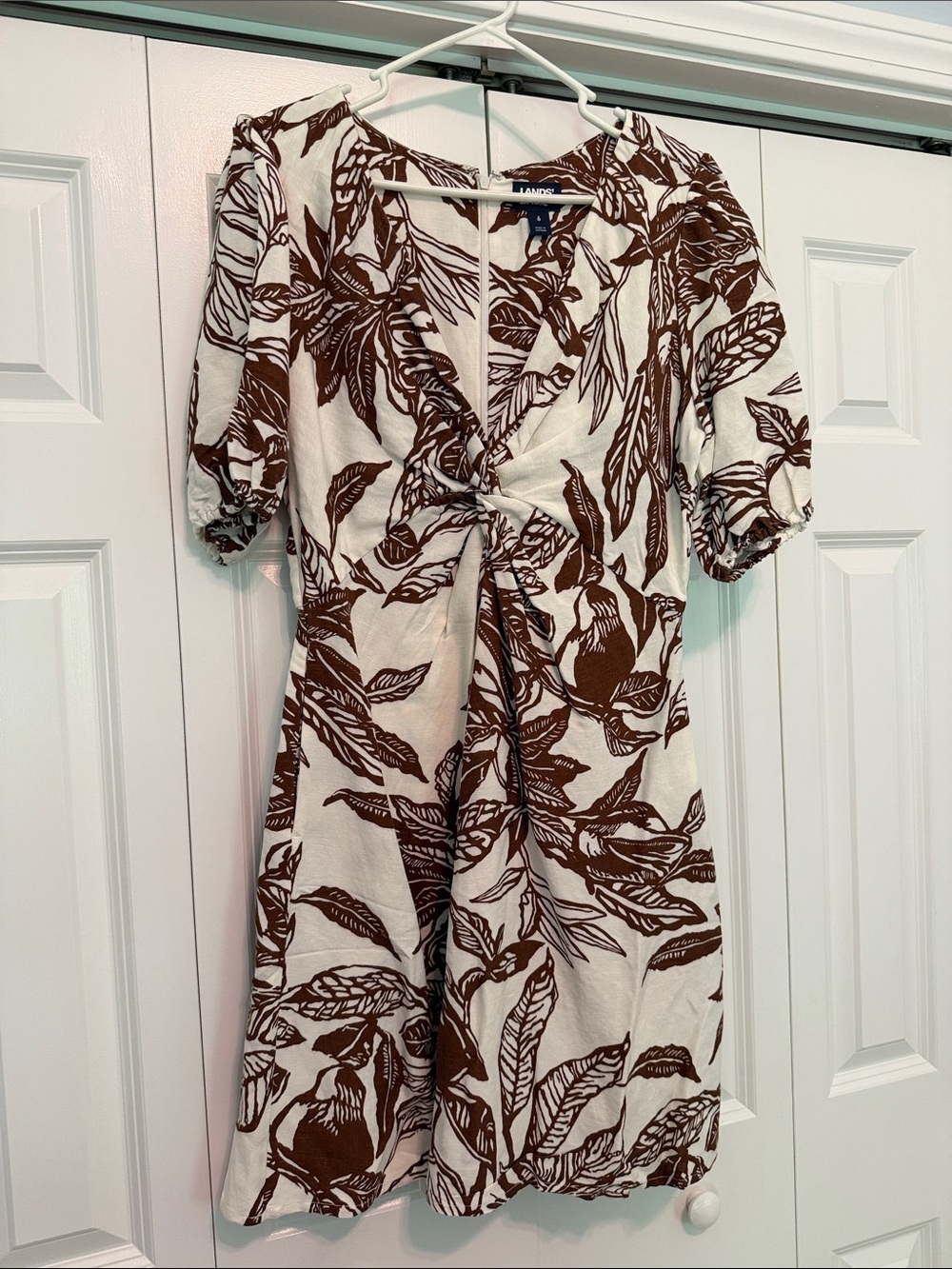 Lands’ End Brown & Cream Botanical Twist-Front Dress Size 6